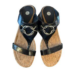 Dressbarn Gloria Black Patent Faux Leather Wedge Sandals With Cork Sole Size 8M